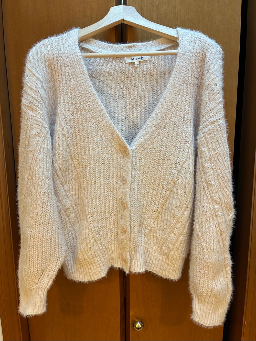 Miracle Cream Fuzzy V-Neck Button Front Cardigan